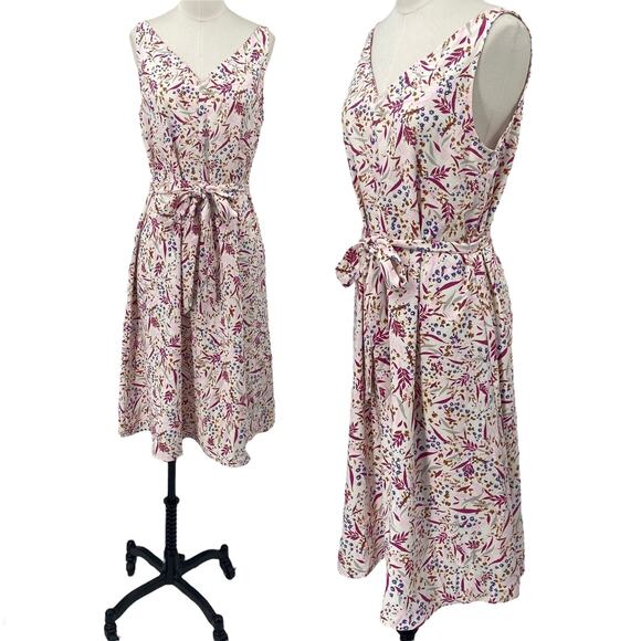 Ann Taylor Fit & Flare Floral Print Midi Dress V Neck Tie Waist Belt White NEW M - Picture 1 of 9